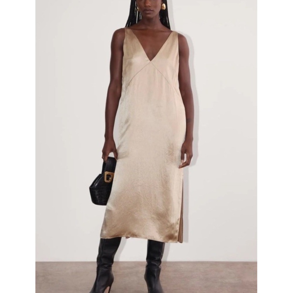 Everlane The Satin Slip Dress‎ Metallic Baige Size 6 Crinkle Evening Wedding